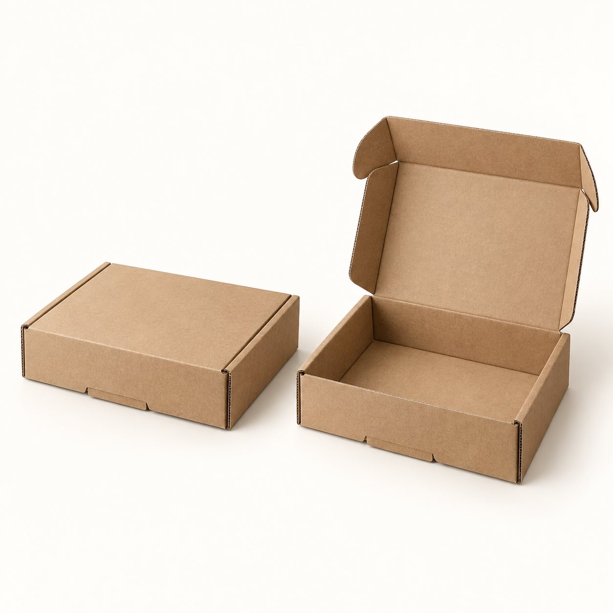 Kraft corrugated mailer box illustrated open and closed