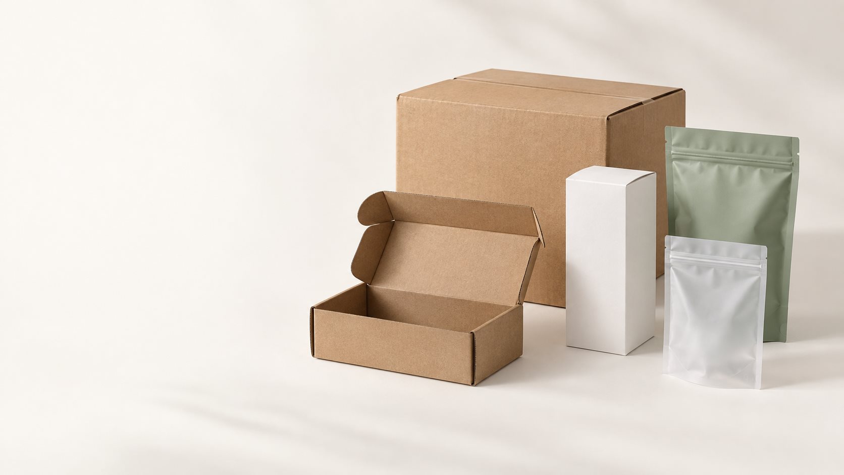 Illustrative assortment of shipping cartons, paper boxes and packaging bags